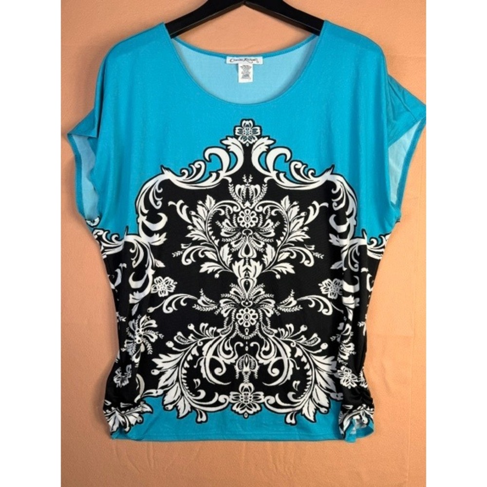 Claudia Richard Women's XL Turquoise Black White Baroque Print Top